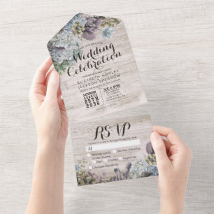 Vintage Botanical Flowers Rustic Wood Wedding RSVP All In One Invitation