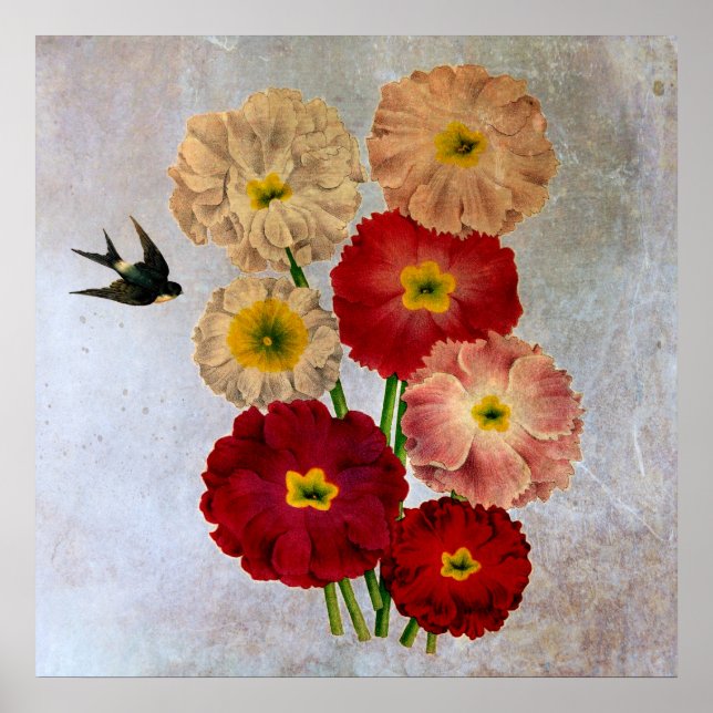 Vintage Botanical Flowers Swallow Bird Rustic Blue Poster (Front)