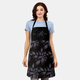 Vintage Botanical Foliage Monogrammed Black Apron