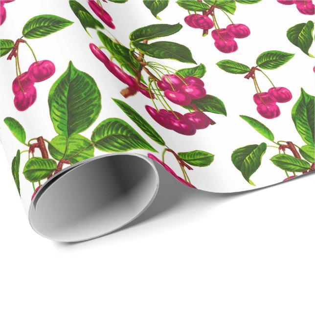 Vintage Botanical Fuchsia Pink Cherries Print Wrapping Paper (Roll Corner)