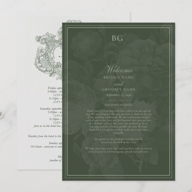 Vintage Botanical Garden Party Wedding Itinerary (Front/Back)