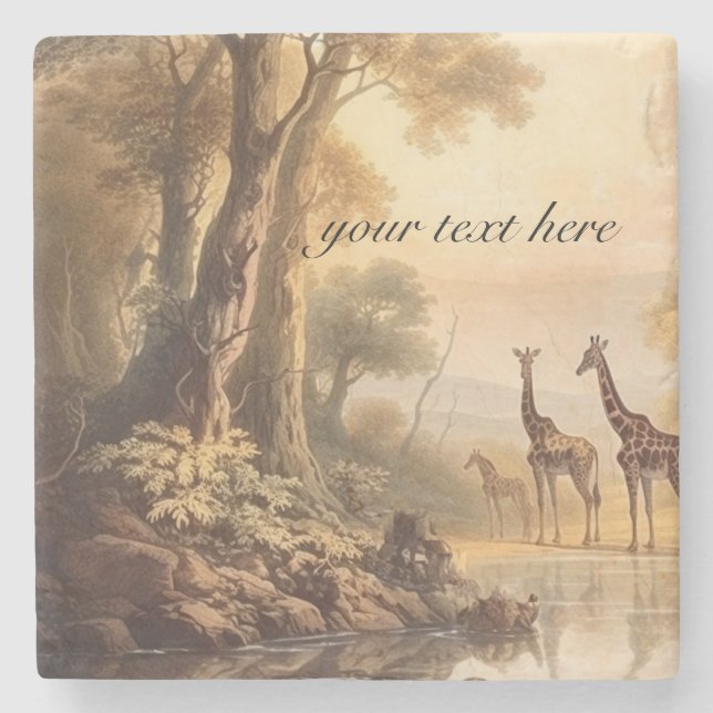 Vintage botanical giraffes, customizable  stone coaster (Front)