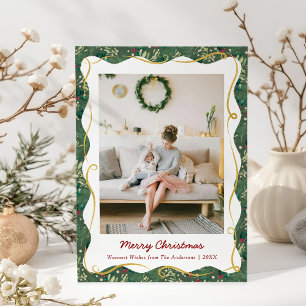 Vintage Botanical Greenery Christmas 1 Photo Holiday Card