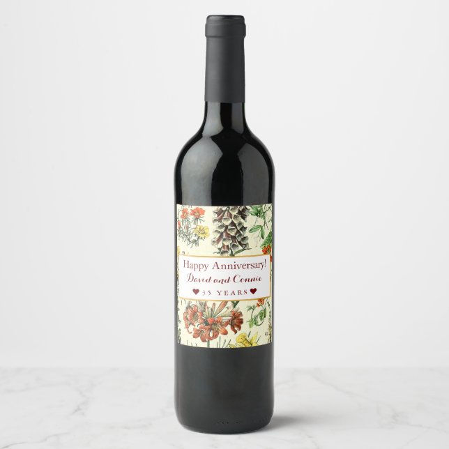 Vintage Botanical Happy Anniversary Wine Label (Front)