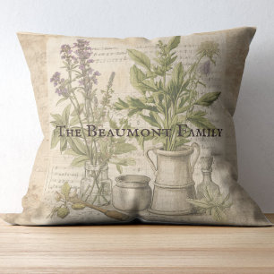 Vintage botanical herbs old script farmhouse throw pillow