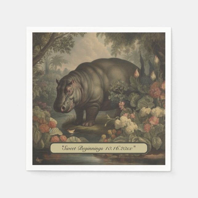 Vintage Botanical Hippo, customizable  Napkin (Front)