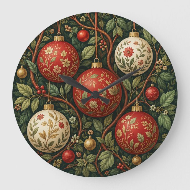 Vintage Botanical Holiday Baubles Large Clock (Front)