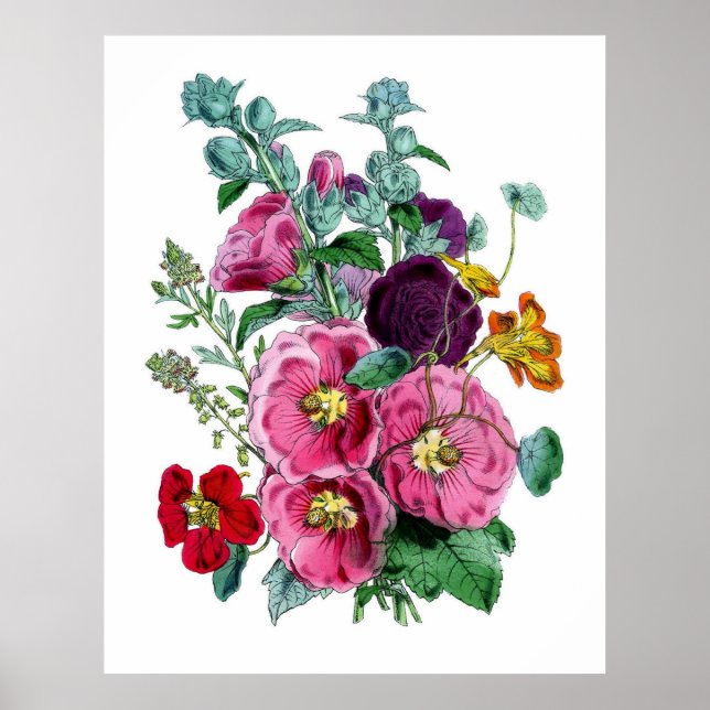 Vintage Botanical Hollyhocks Poster (Front)