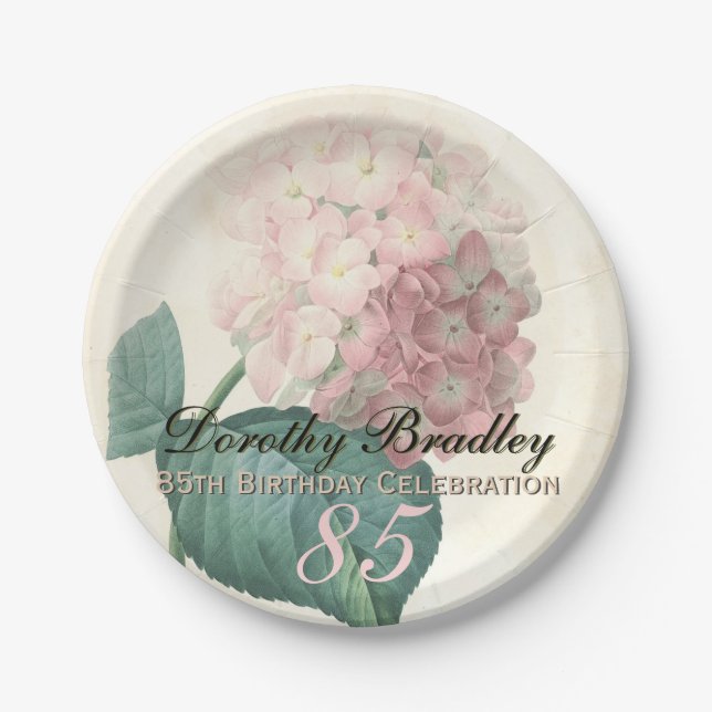 Vintage Botanical Hydrangea 85th Birthday Party PP Paper Plate (Front)