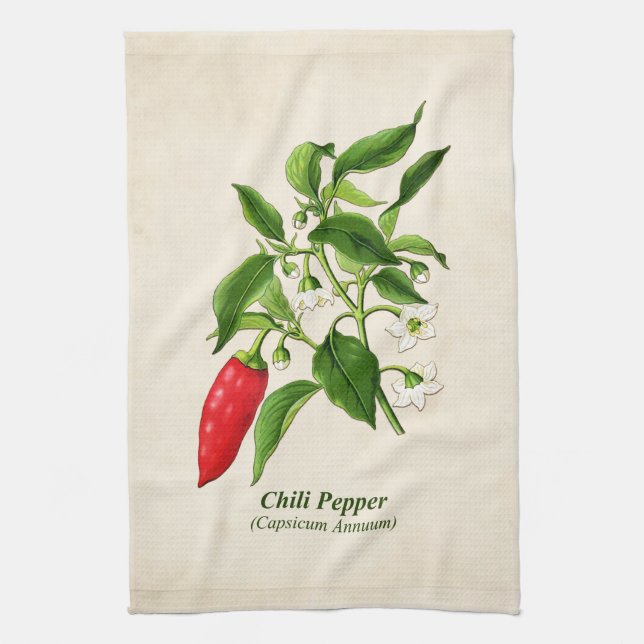 Vintage Botanical Illustration, Chili Pepper Kitchen Towel (Vertical)