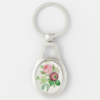 vintage botanical illustration, pink rose, daisy keychain