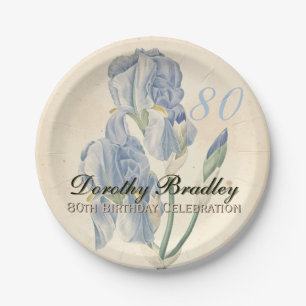 Vintage Botanical Irises 80th Birthday Party PP Paper Plate