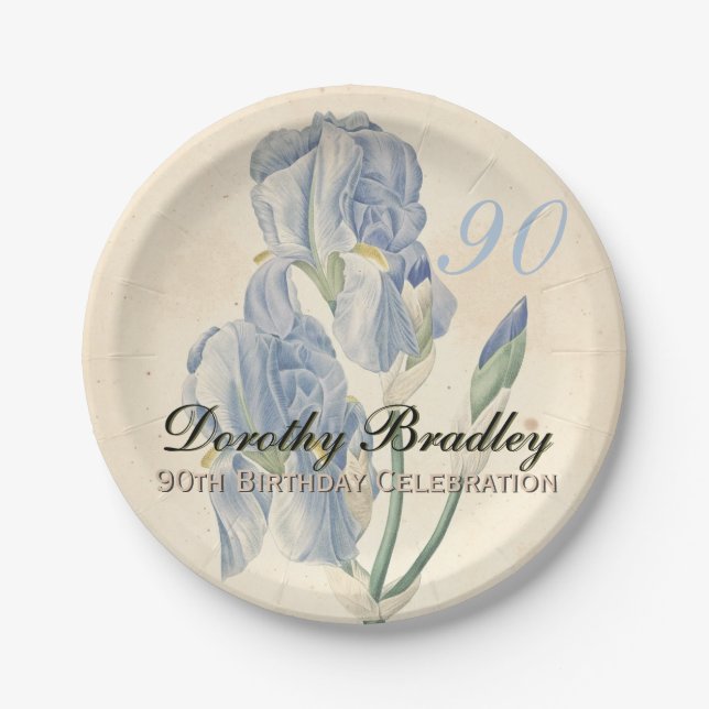Vintage Botanical Irises 90th Birthday Party PP Paper Plate (Front)