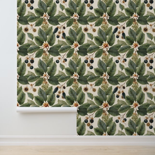 Vintage Botanical Leaves and Nuts Wallpaper (Application)