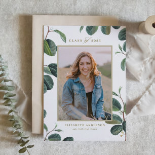 Vintage Botanical Leaves Beige Photo Graduation Announcement