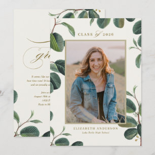 Vintage Botanical Leaves Beige Photo Graduation Invitation
