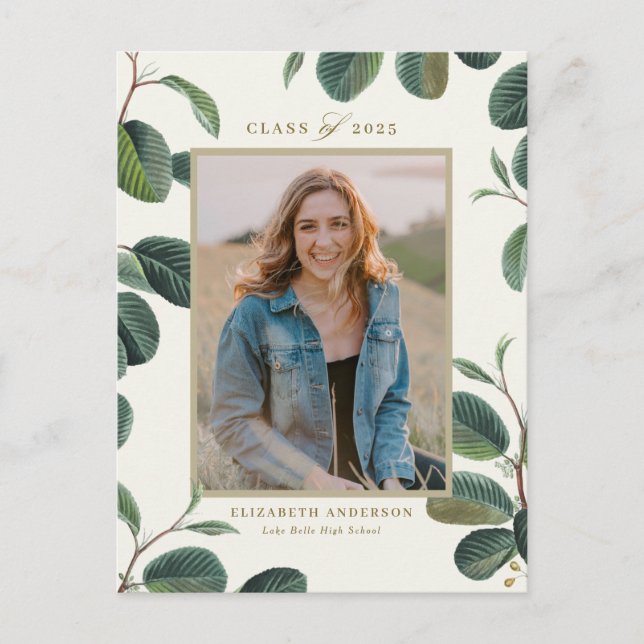 Vintage Botanical Leaves Beige Photo Graduation Postcard (Front)
