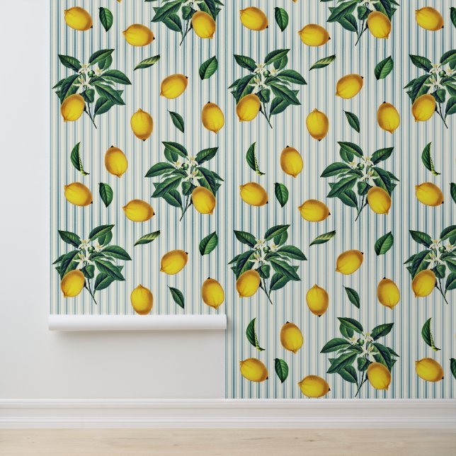 Vintage Botanical Lemons Blue Stripes Wallpaper (Application)