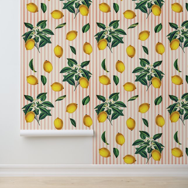 Vintage Botanical Lemons Pink Stripes Wallpaper (Application)