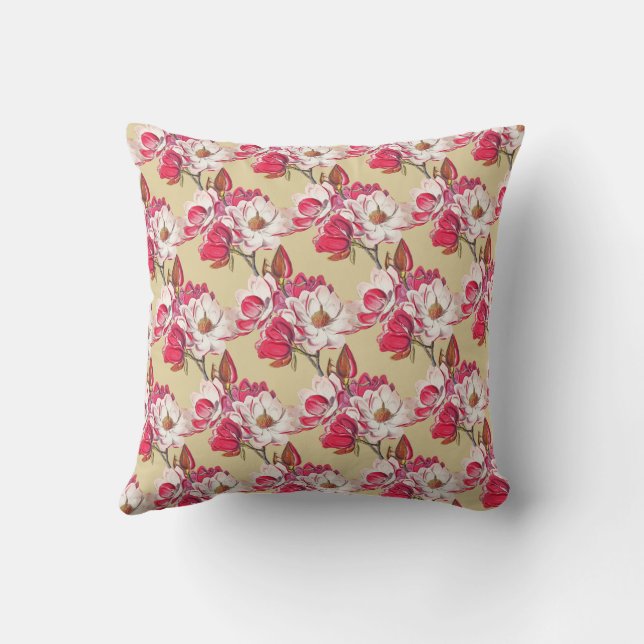 Vintage Botanical Magnolia Pink Flowers Beige Throw Pillow (Back)
