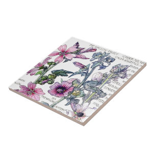 Vintage Botanical Mallow Wildflower Flowers Tile