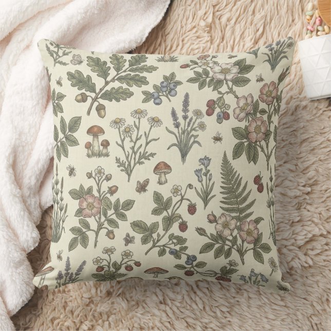 Vintage Botanical Meadow & Forest Sprigs Throw Pillow (Blanket)