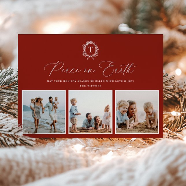 Vintage Botanical Monogram 3 Photo Holiday Card (Creator Uploaded)