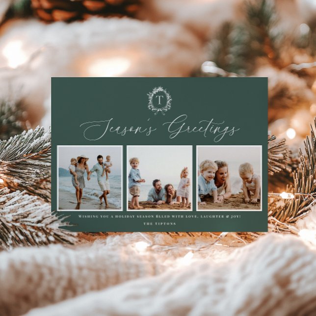 Vintage Botanical Monogram 3 Photo Holiday Card (Creator Uploaded)