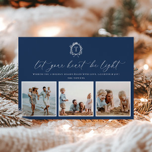 Vintage Botanical Monogram 3 Photo Holiday Card