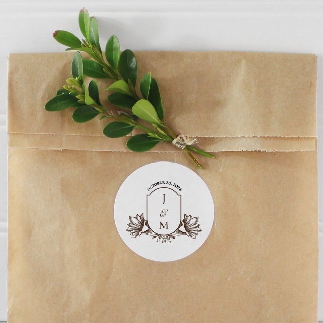 Vintage Botanical Monogram Crest Classic Round Sticker (Creator Uploaded)