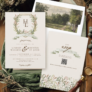 Vintage Botanical Monogram Crest Elegant Wedding Invitation