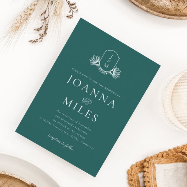 Vintage Botanical Monogram Jade Wedding Invitation (Creator Uploaded)