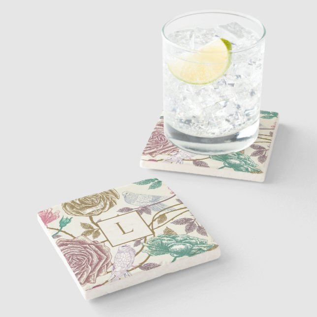 Vintage Botanical Monogram  Stone Coaster (Side)