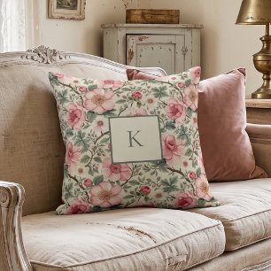 Vintage Botanical Monogram Throw Pillow