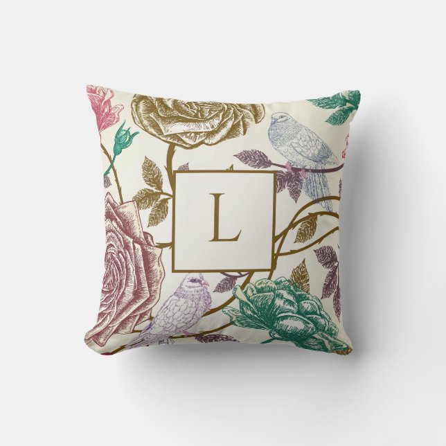Vintage Botanical Monogram Throw Pillow (Front)