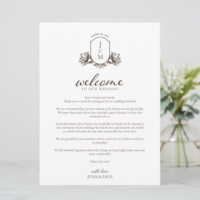 Vintage Botanical Monogram Welcome/Itinerary Invitation (Standing Front)