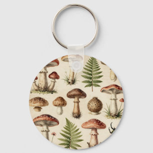 Vintage Botanical Mushroom Fern Collage Keychain