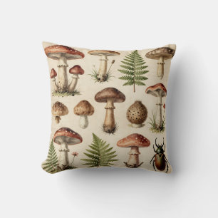 Vintage Botanical Mushroom Fern Collage Throw Pillow