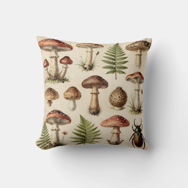 Vintage Botanical Mushroom Fern Collage Throw Pillow (Front)
