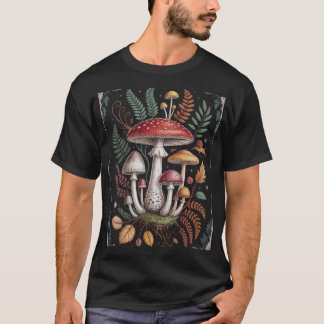 Vintage Botanical Mushroom & Fern Fantasy Illustra T-Shirt