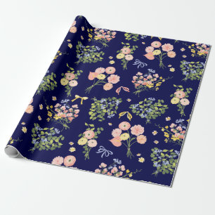 Vintage Botanical Navy Blush Pink Floral Elegant Wrapping Paper