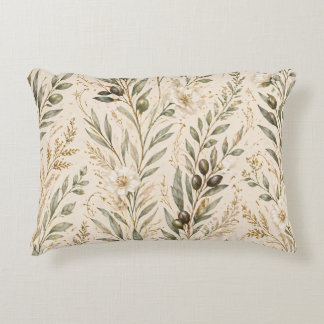  Vintage Botanical Olive Branches & Ivory Floral Accent Pillow