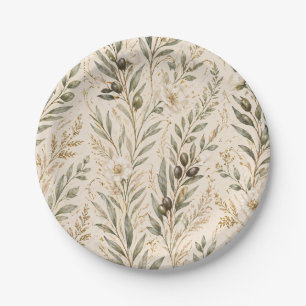 Vintage Botanical Olive Branches & Ivory Floral Paper Plate