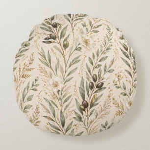 Vintage Botanical Olive Branches & Ivory Floral Round Pillow