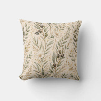  Vintage Botanical Olive Branches & Ivory Floral Throw Pillow