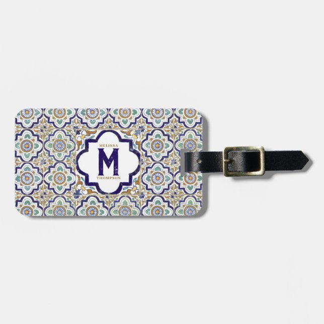 Vintage Botanical Ornamental Tiles Monogram  Luggage Tag (Front Horizontal)