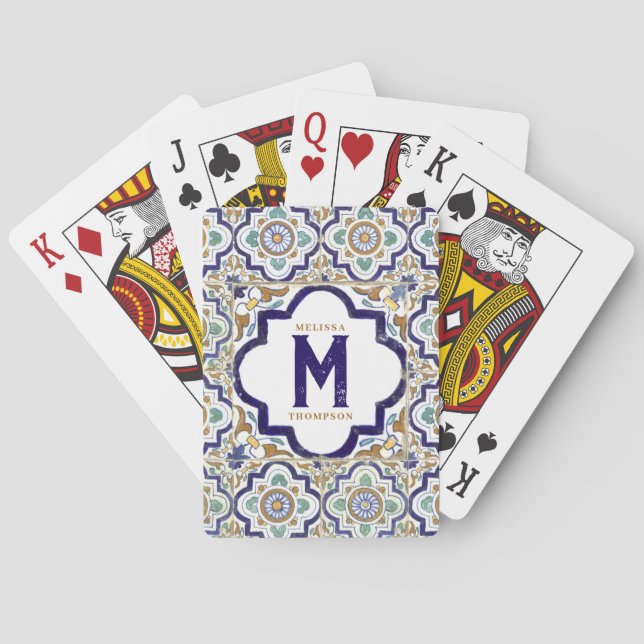 Vintage Botanical Ornamental Tiles Monogram  Playing Cards (Back)