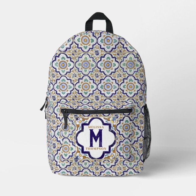 Vintage Botanical Ornamental Tiles Monogram  Printed Backpack (Front)