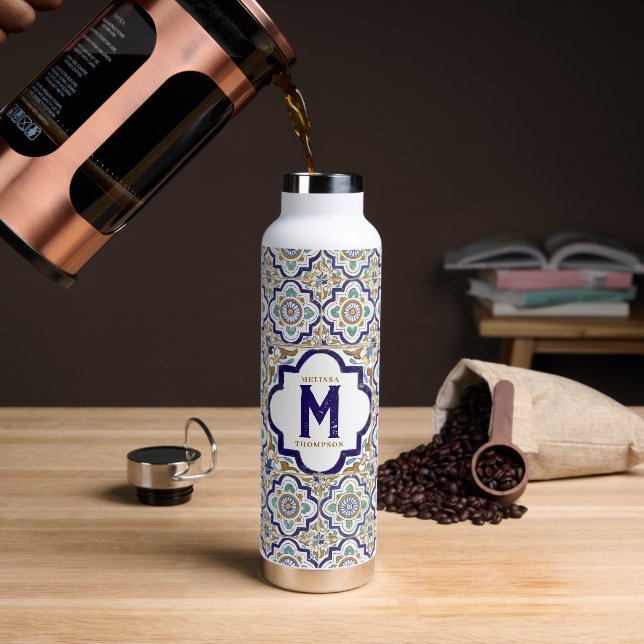 Vintage Botanical Ornamental Tiles Monogram  Water Bottle (Coffee)