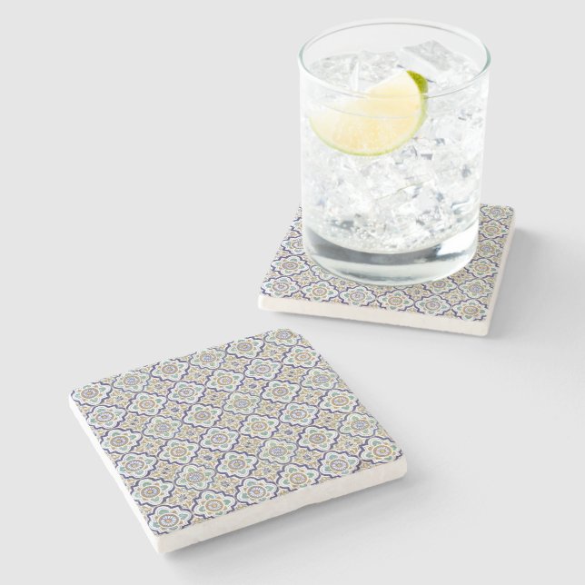 Vintage Botanical Ornamental Tiles Pattern Stone Coaster (Side)